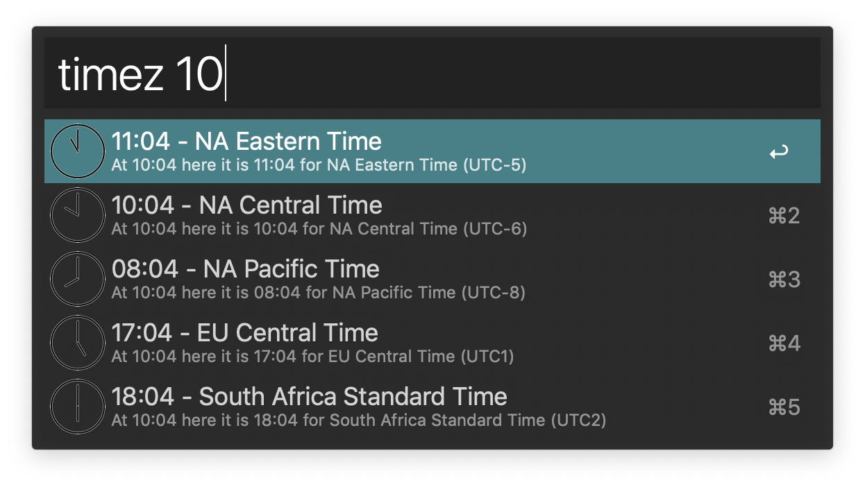 Timezone list with timezones for each specified zone